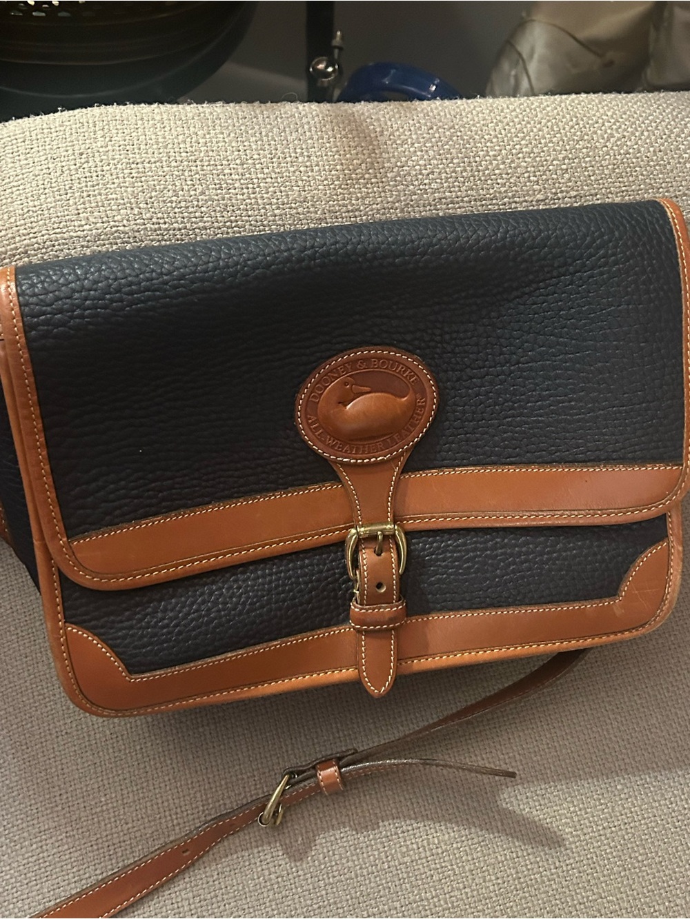 Vintage Dooney & Bourke Navy and Tan Leather Messenger Bag